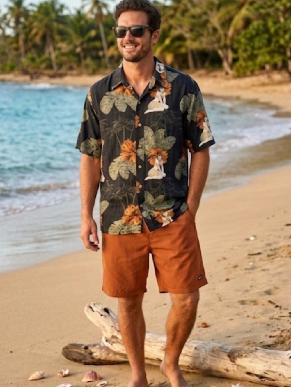 Vintage Hawaiian Style Men's Black and Orange Button Shirt Sz Large